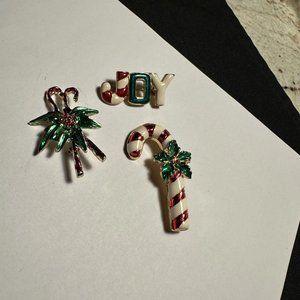 Lot Of 3 Enamel Christmas Holiday Brooch Pins Joy / Candy Cane 1 Signed AAi